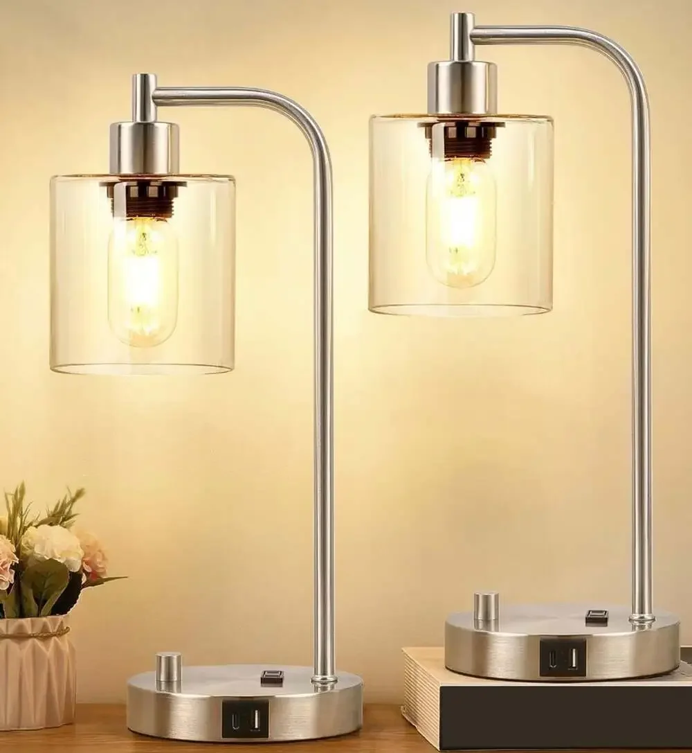 Set of 2 Industrial Table Lamps with USB C+A Ports and Outlet, Brushed Nickle